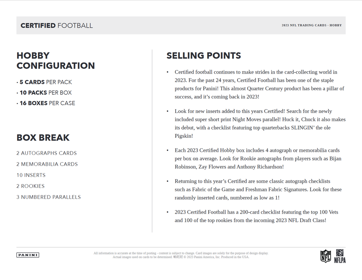 2023 Panini Certified Football Hobby 16 Box Case