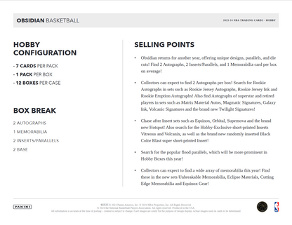 2023-24 Panini Obsidian Basketball Hobby 12 Box Case